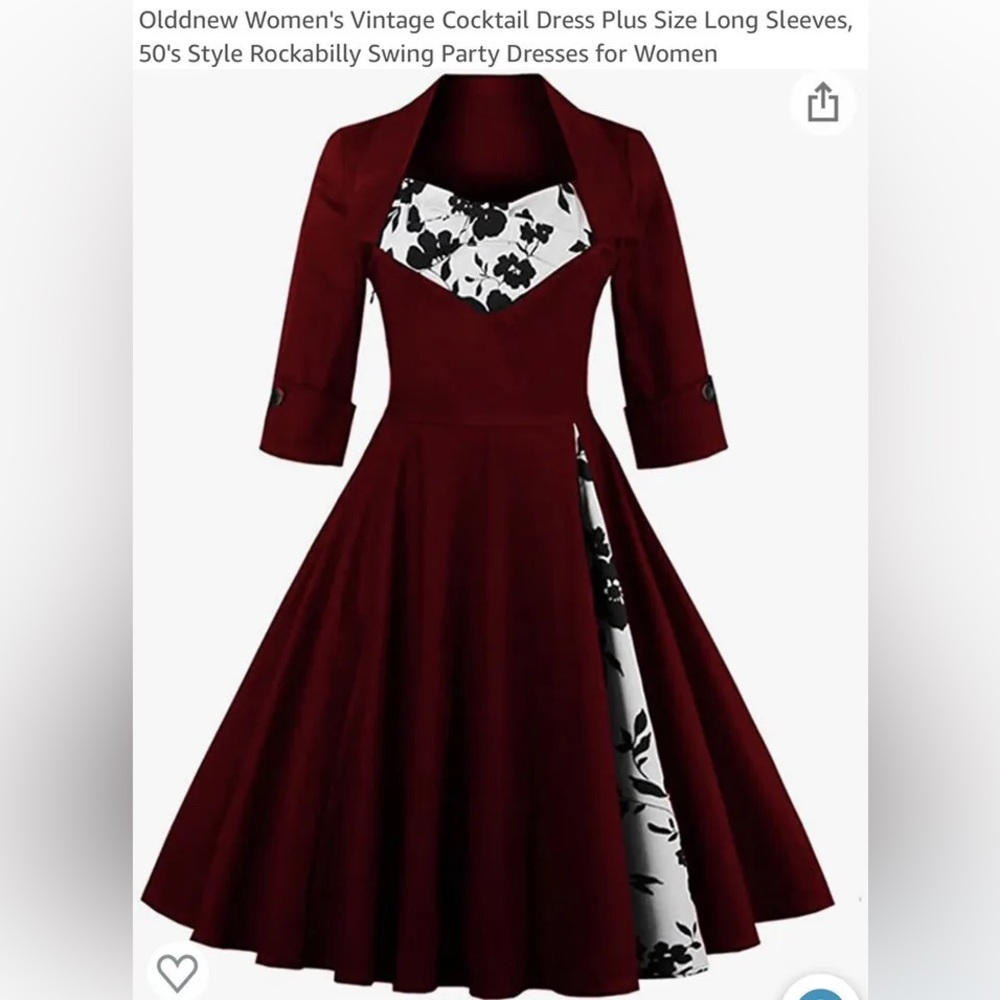 50’s Inspired Cocktail Dress Wine Red with Black and White Floral Accents (XXL)